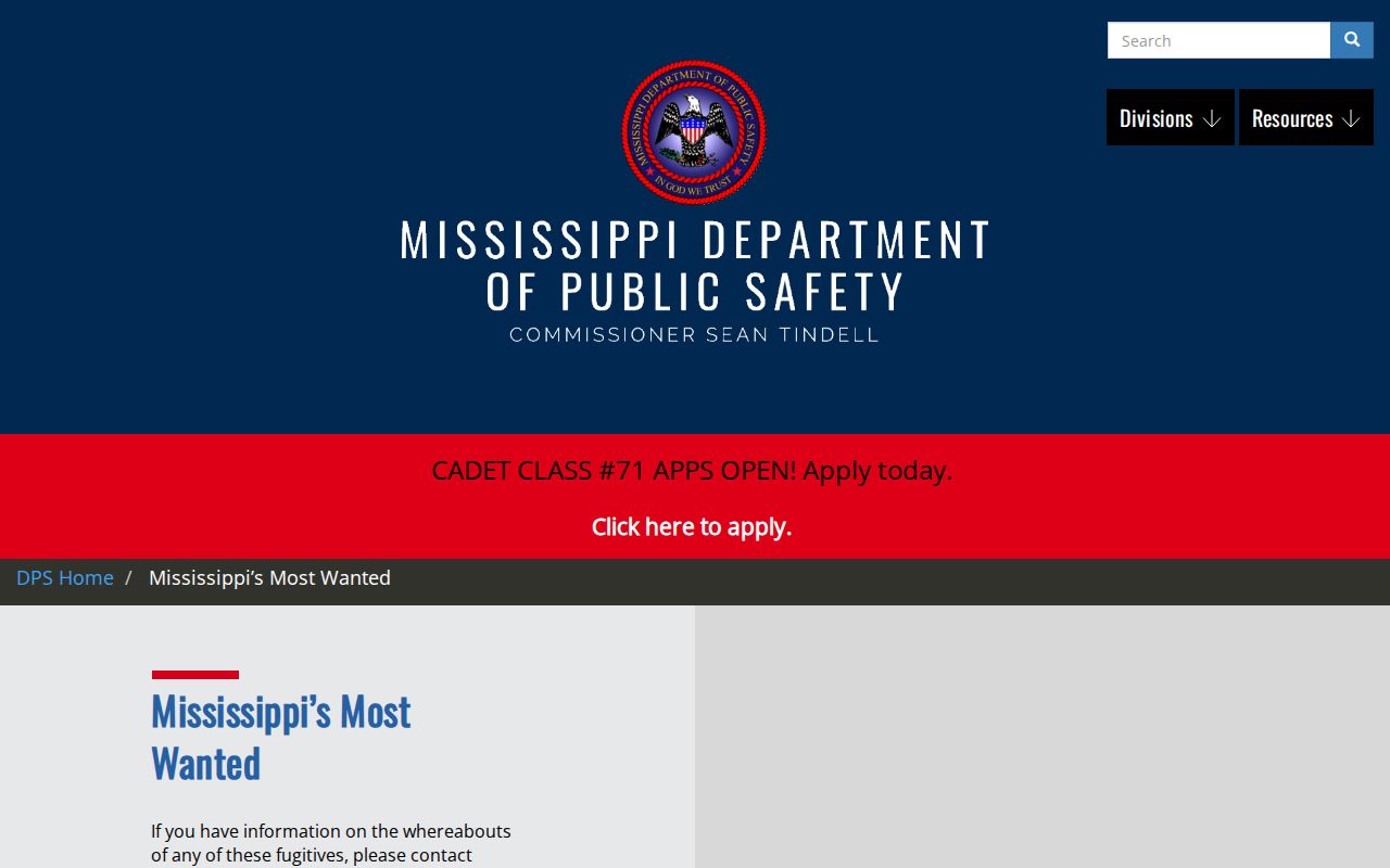 Mississippi DPS official Most Wanted page